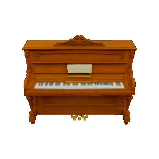 An upright piano edited along a style attribute, from retro to futuristic; the slider sets the intensity and the rotation slider sets the viewing angle.
